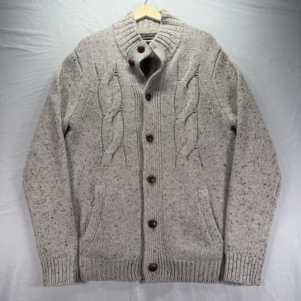 Banana Republic Cardigan Sweater Mens Medium Gray Cable Knit Lambswool Grandpa